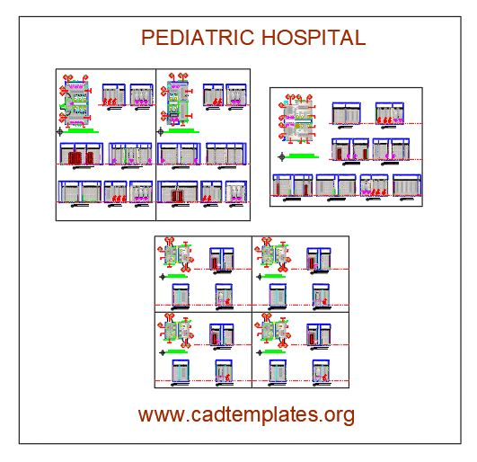 Plan de distribución del hospital pediátrico y elevaciones Plantilla de Autocad DWG