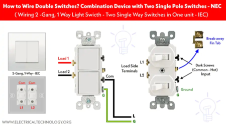 ¿Cómo cablear un interruptor doble? Conmutadores de 2 grupos y 1 vía: IEC y NEC