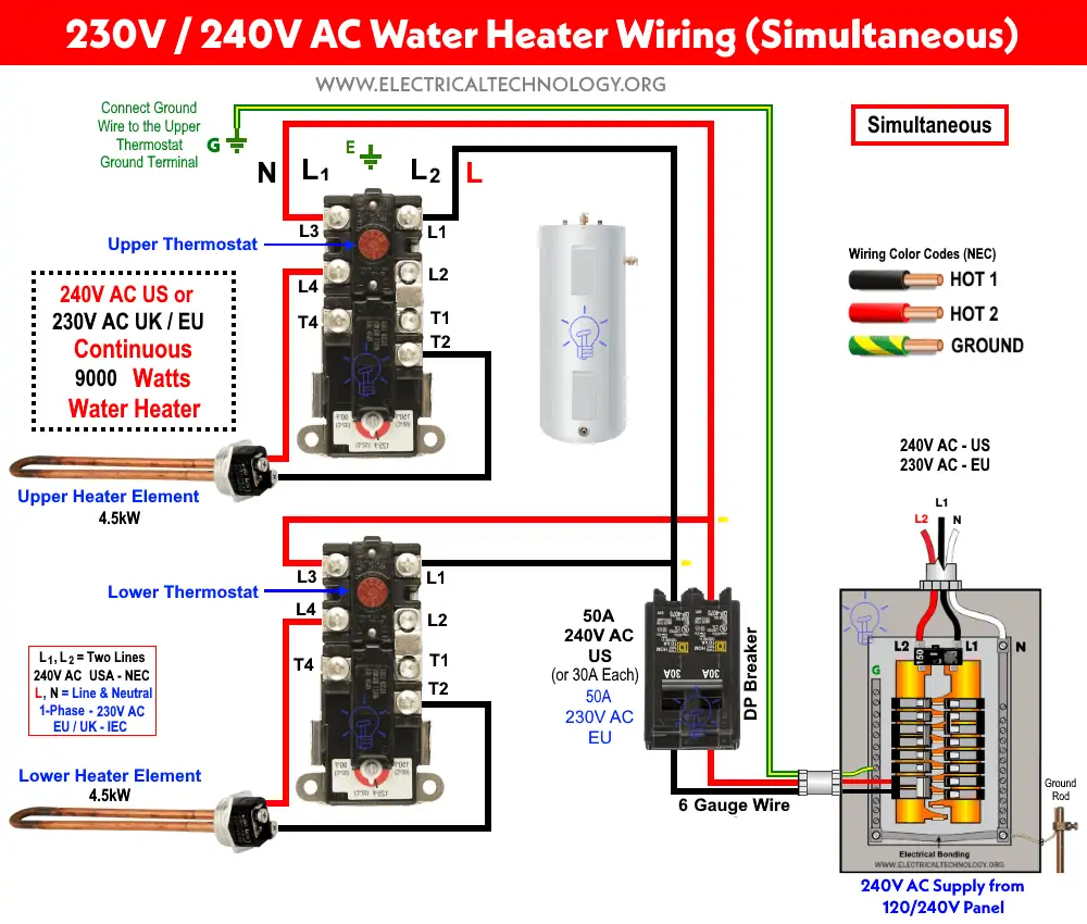 Ambos, 230 V y 240 V, continúan Cableado del termostato del calentador de agua eléctrico de dos elementos