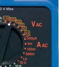 Selección del rango de medición de voltaje de CA de un multímetro analógico