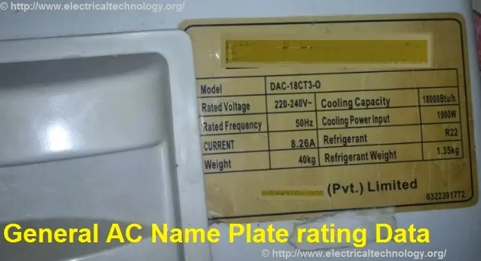 Datos nominales de la placa de identificación para acondicionadores de aire comunes (acondicionadores de aire)