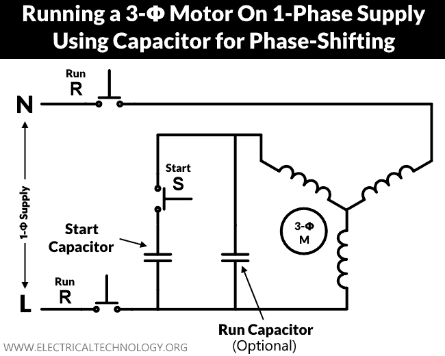 Hacer funcionar un motor de 3 Φ en un suministro monofásico usando condensadores de cambio de fase