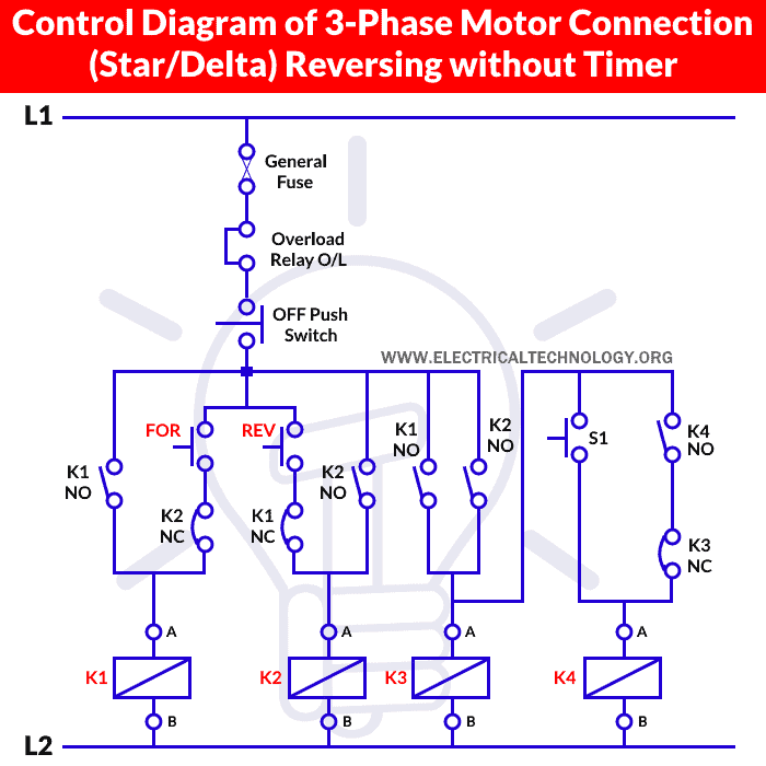 Diagrama de Control para Inversión de Conexión de Motor Trifásico (Estrella-Triángulo) Sin Temporizador