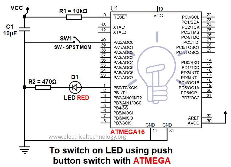 Cómo encender el LED usando el interruptor de botón en ATmega Atmel AVR