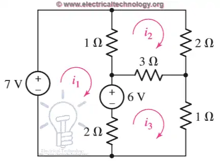 Resolver un circuito eléctrico lineal de tres ecuaciones por la regla de Cramer.ejemplo 