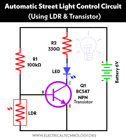 Circuito de control de alumbrado público automático con LDR y transistor