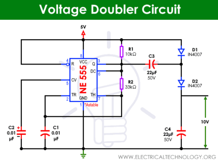 Diagrama de circuito duplicador de voltaje básico usando 555 timer IC