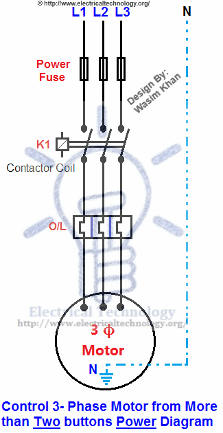 Diagrama de potencia y control para controlar un motor trifásico desde dos o más botones