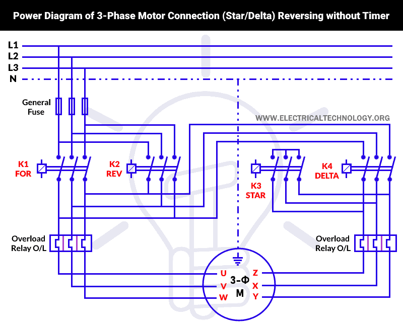 Diagrama de Potencia para Conexión de Motor Trifásico (Estrella-Triángulo) Inversión Sin Temporizador