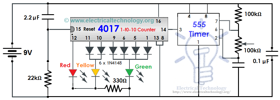 Proyecto electrónico de control de semáforos con contador IC 4017 y temporizador 555